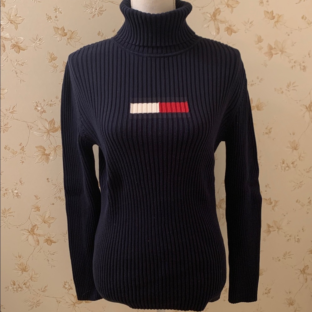 Tommy Hilfiger Navy Turtleneck Sweater with Red and White Accent XL